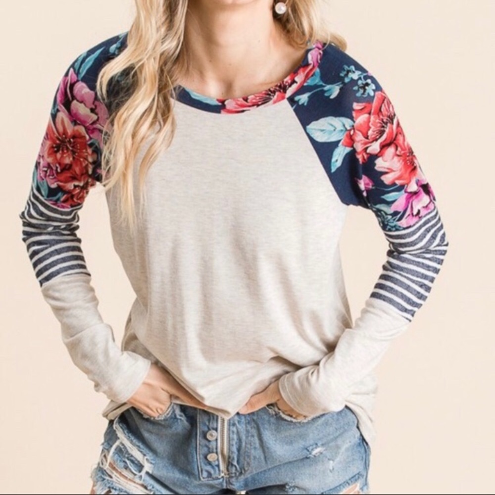 *3 for $30* Long Sleeve Top Floral Striped Sleeves